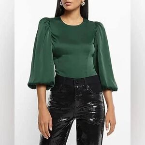 EXPRESS Women's Satin Crew Neck Puff Sleeve Top Size L, Green